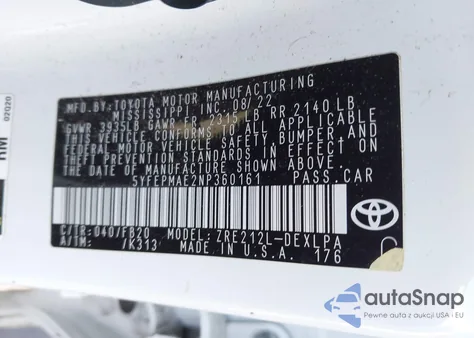 2022 Toyota Corolla Le z USA, uszkodzony, nr VIN 5YFEPMAE2NP360161